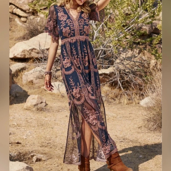 Altar'd State Catania Lace Mesh Embroidered Bohemian Maxi Dress Women's size S - Picture 10 of 10